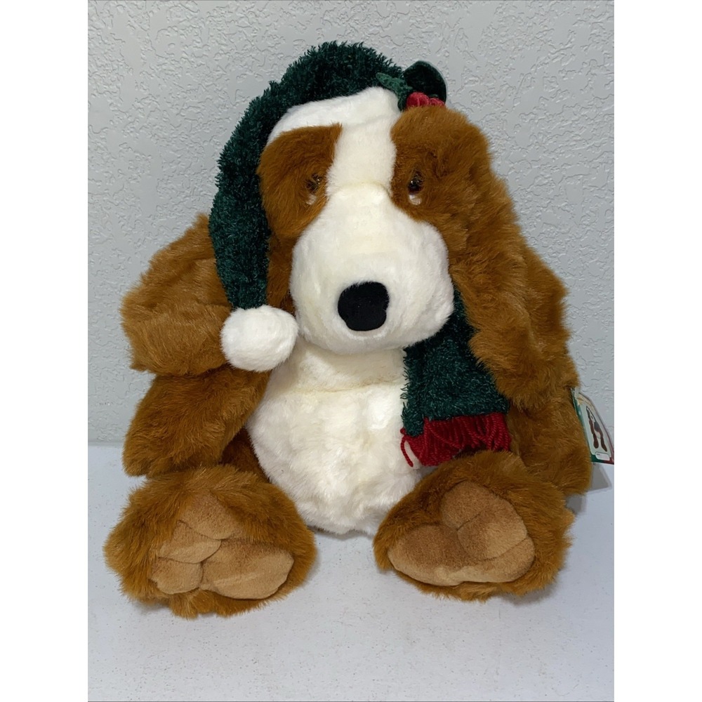 VTG JC Penney Holiday Christmas 2001 Plush Brown Puppy Dog Santa Hat Scarf 25"